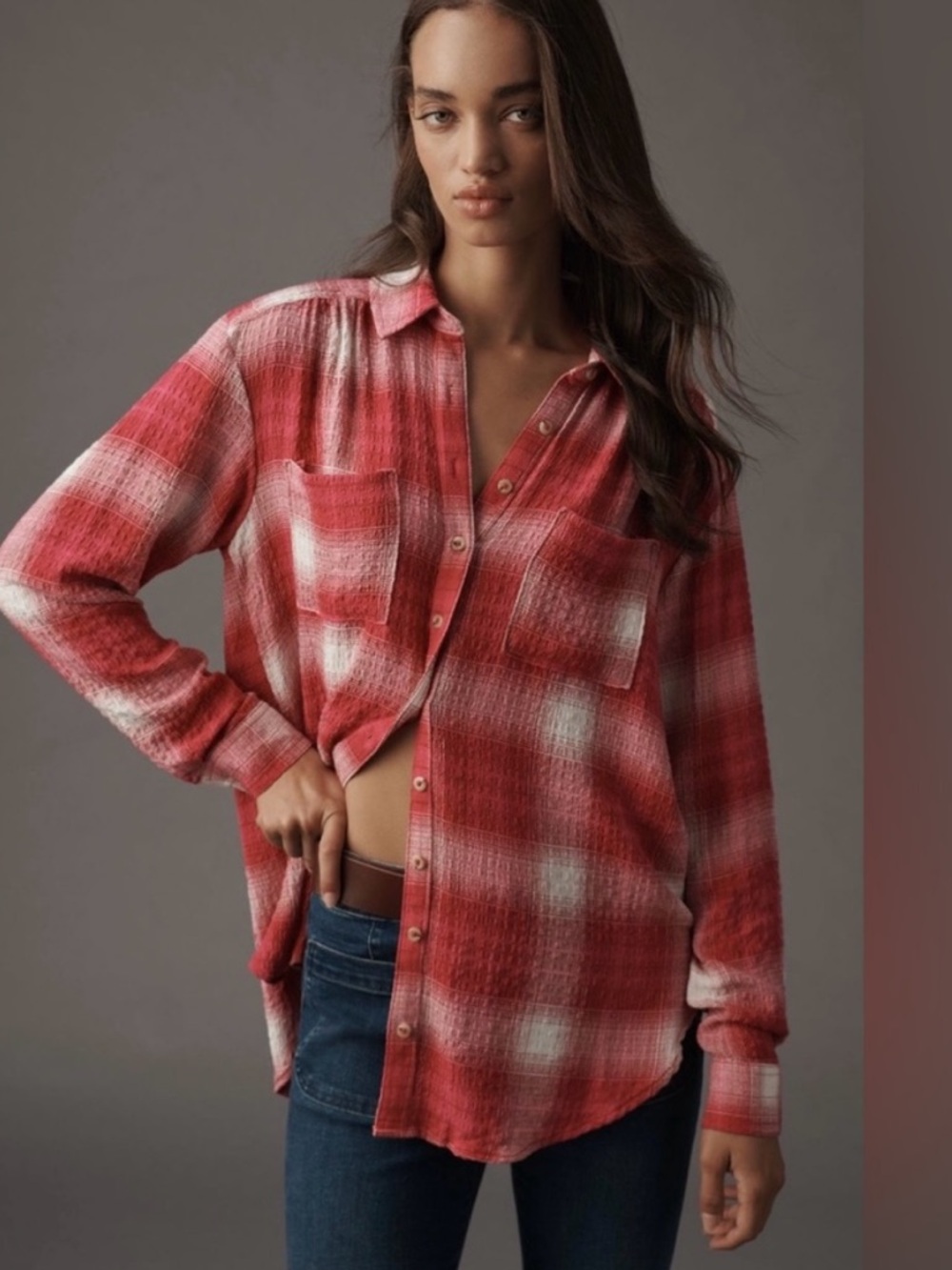 Anthropologie Pilcro The Hadley Relaxed Plaid Buttondown Top Pink Red Tartan XL